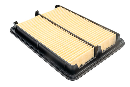 Close up new square car air filter on a white background