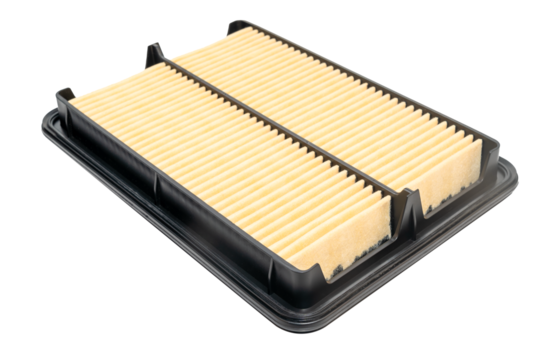 Close up new square car air filter on a white background