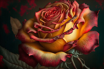Beautiful Realistic Yellow and Red Rose, closeup view, art graphic wallpaper background