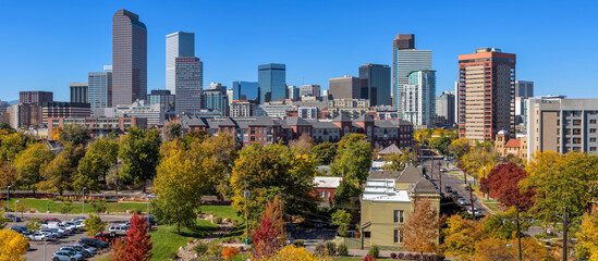 Autumn at Denver Downtown - A panoramic view of Downtown Denver skyline on a sunny Autumn morning....