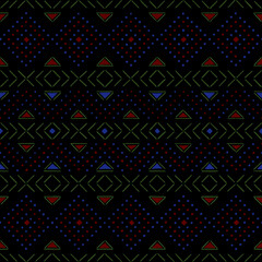 dark repetitive background with simple hand drawn geometric shapes. vector seamless pattern. decorative art. folk motifs. fabric swatch. wrapping paper. continuous design template for textile, decor