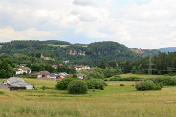 Panorama view of Eifel mountains with trees seen from hill Heiligenstein near Gerolstein, Germany