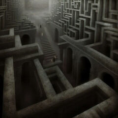 Ominous Section of a Ruined Mystical Stone Labyrinth with Traveling Pilgrims. [Digital Art Painting. Sci-Fi / Fantasy / Historic / Horror Background. Graphic Novel, Postcard, or Product Image.]