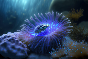 Naklejka na ściany i meble Blue anemone in an aquarium. Generative AI