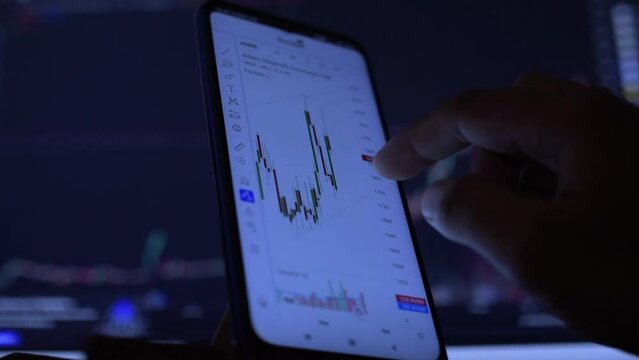 Close up of hand scrolling stock market chart on a touch screen device