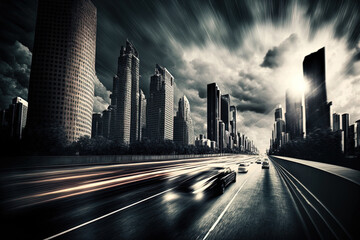 Fototapeta na wymiar Asphalt roadway in motion blur and a contemporary metropolitan skyline with skyscrapers. Generative AI