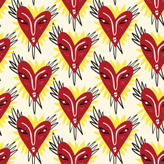 Valentines Day pattern with ugly funky hearts. Groovy cute love characters