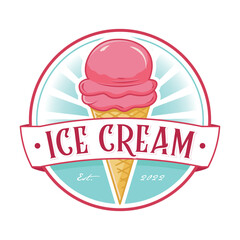Ice cream logo design or gelato logo circular emblem in pink color