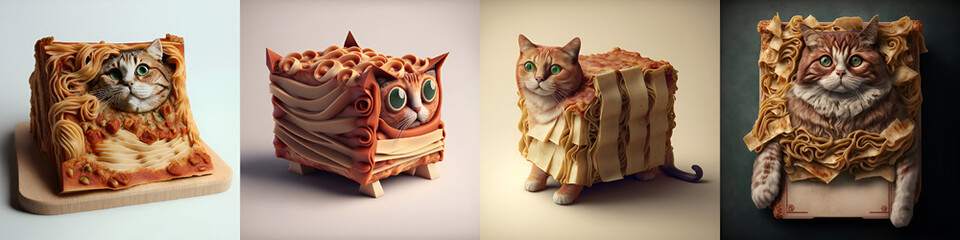 Lasagna Cats. [Digital Art Painting, Sci-Fi Fantasy Horror Background, Graphic Novel, Postcard, or Product Image]