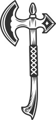 Viking battle axe with wooden handle in vintage monochrome style isolated illustration