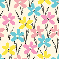 Cute bizarre spring wild flowers seamless pattern in doodle style