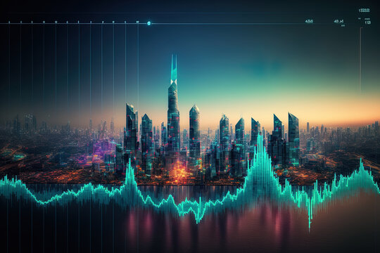 The hologram of a forex and stock market chart is shown over a panoramic city view of Bangkok, Asia's financial hub. international trade as an idea. two fold exposure. Generative AI