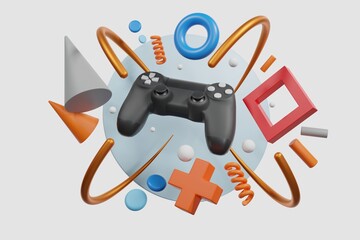 joy console, gamepad, headphones and game console hanging isolated on a white background. Gaming concept. 3d rendering.