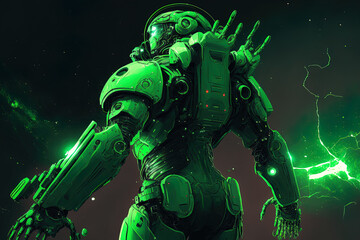Illustration of a green mecha suit for astronauts. Generative AI