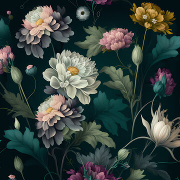 Classical Floral Background With Flowers And Plants With Muted Green Colors