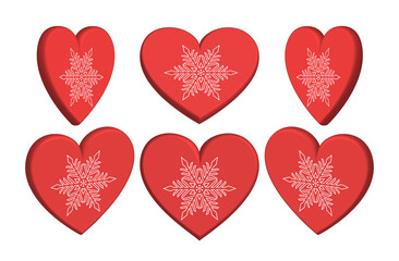Fototapeta na wymiar Vector 3d set of red festive Christmas hearts with white snowflakes on isolated background.