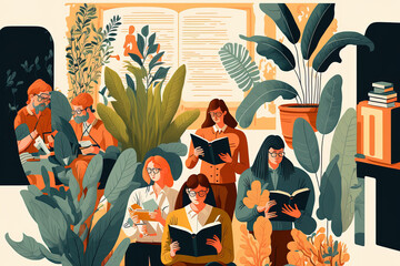 Books images events from book week. A group of men and women reading and discussing books and e books on tablets while seated and surrounded by plants in modern flat graphics of readers. Generative AI - obrazy, fototapety, plakaty