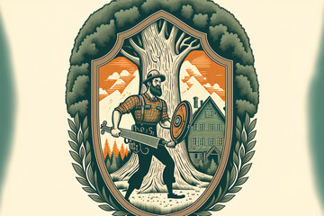 Retro styled illustration of a lumberjack trimming trees while carrying a chainsaw inside a shield crest. Generative AI