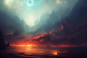 Ominous Fantasy Landscape with an Eclipse over a Tiny Village next to a Burning Sea. [Digital Art Painting. Sci-Fi / Fantasy / Historic / Horror Background. Graphic Novel, Postcard, or Product Image.]