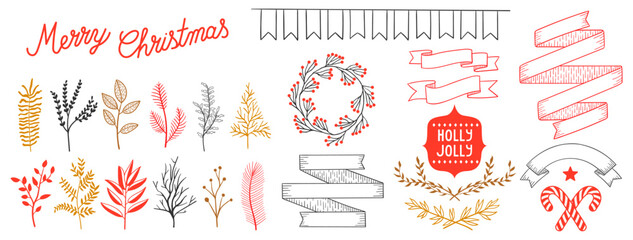 Set Christmas elements. Plants, branches, ribbons, balls and stars vector. Drawing beautiful decorative set with Christmas elements and lettering. Vector illustration.