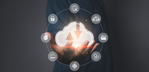 man holding cloud computing diagram, Data storage and network with connection.