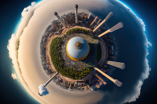 Aerial Picture Of The Little Planet Earth Taken From A Great Height, Showing The Tall Pipes And Toxic Smokestacks Of The Coal Power Plants. Concept For Producing Electricity From Fossil Fuels