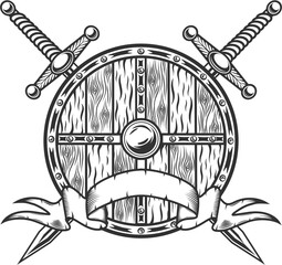 Viking shield with two crossed swords and ribbon in vintage monochrome style isolated illustration