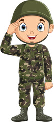 Cartoon army soldier saluting on white background