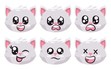 Fototapeta premium Cat kitten facial expression emoticon with eyes and mouth collection white of cartoon isolated illustration
