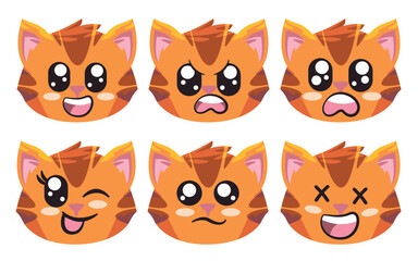 Cat kitten facial expression emoticon with eyes and mouth collection of orange cartoon isolated illustration