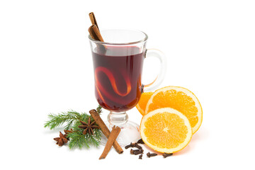 Hot mulled wine for winter with spices isolated on white background. Closeup.