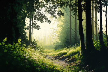 Obraz premium View of a lush woodland in the distance. vegetation in the light, trees, and a forest floor. ecology and nature. Generative AI