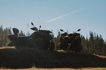 Beautiful nature landscape with ATV awd quadbike motorcycle and cloudscape sky background. Offroad...