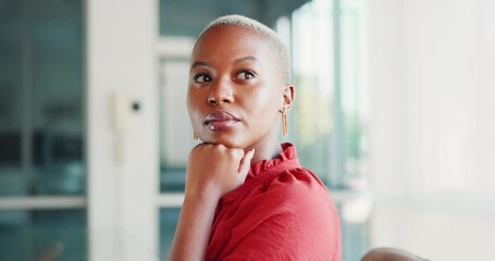 Black woman, laptop and thinking in office with dream, vision and mission for finance career, future and goal. Marketing expert, corporate executive and focus on idea with computer in Washington DC