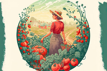 Woman irrigating a garden. A woman tends her garden, cultivates veggies, and waters tomatoes. Concept of an agricultural landscape with a farmer. Girl with cap and basket of fresh vegetables