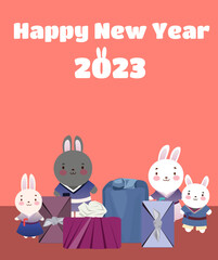 2023 Gyemyo Year New Year s rabbit character Illustration. Family of rabbits with gifts for the new year. Postcard. Vector illustration. Flat style.
