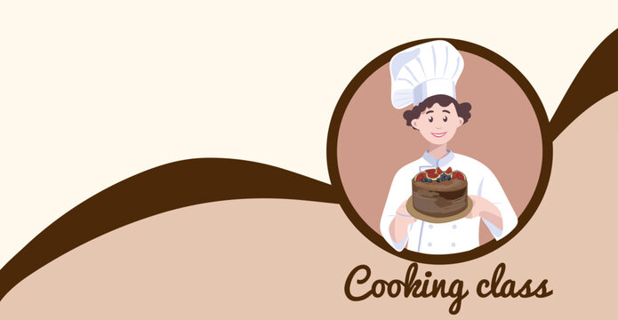 Chef with a dish in his hands. cooking Class illustration. A male cook in a white uniform. Concept illustration of the restaurant business. Vector illustration of a cartoon character. Banner.