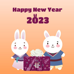 Obraz na płótnie Canvas 2023 Gyemyo Year New Year s rabbit character Illustration. Family of rabbits with gifts for the new year. Postcard. Vector illustration. Flat style.