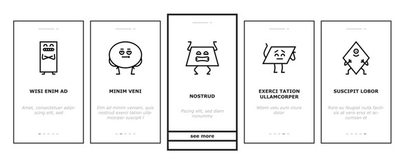 geometric shape character onboarding mobile vector. triangle circle, square abstract, cute funny rectangle, figure face, education basic geometric shape character Illustration