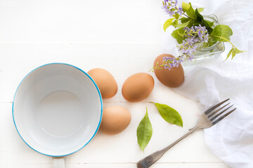 eggs super foods with bowl prepare to cooking arrangement flat lay postcard style on background white 