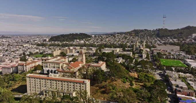 San Francisco California Aerial v176 drone fly around usf campus lone mountain residence hall capturing panoramic cityscape of the surrounding neighborhoods - Shot with Mavic 3 Cine - June 2022