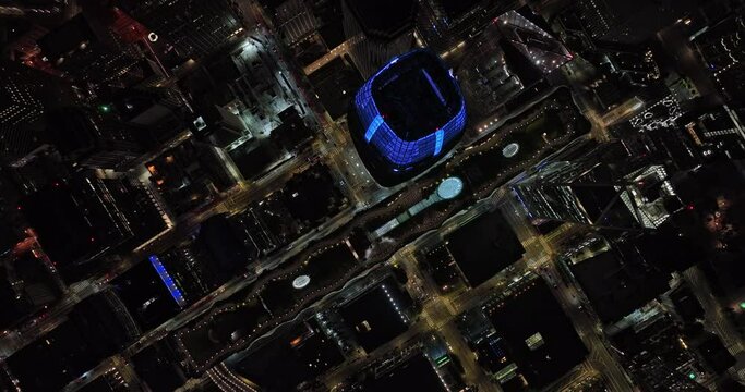 San Francisco California Aerial v137 vertical top down view drone flyover financial district capturing bustling urban downtown cityscape and street traffic at night - Shot with Mavic 3 Cine - May 2022