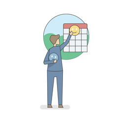 Stressed out from work, allocate free time to travel to restore the mind,Employees Stand in front of the calendar and arrange vacation days,work life balance,Vector illustration.