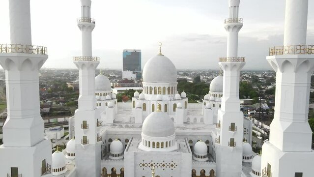 Aerial view in the evening, Sheikh Zayed Grand Mosque in Surakarta, Central Java, Indonesia. Very beautiful and majestic.