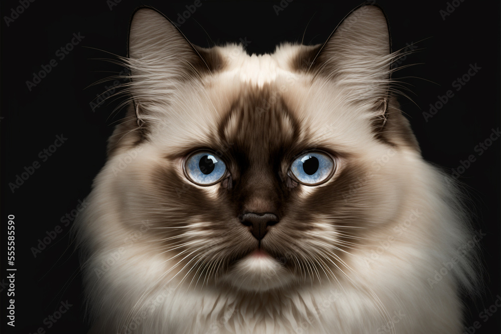 Wall mural Beautiful birman cat with blue eyes on black background