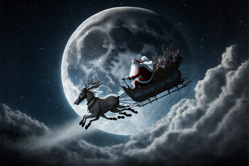 Obraz na płótnie Canvas Merry Christmas and happy holidays! Santa Claus flying in his sleigh on background moon sky. Christmas story concept.