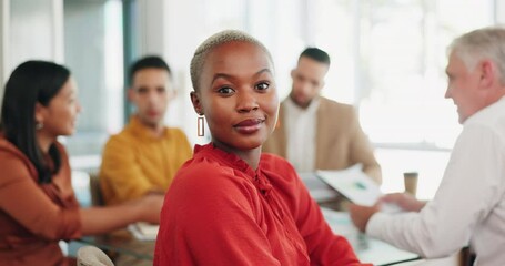 Meeting, office and face of a professional black woman planning a corporate project with her team. Business, discussion and African female employee working with her colleagues in workplace boardroom.