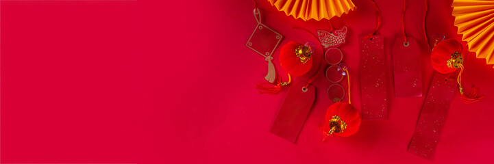 

 Chinese new year background, with festive Chinese lanterns, paper fans and traditional New Year...