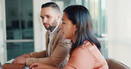 Talking business people, laptop or web design planning in modern office on advertising schedule, logo branding software or innovation. Man, women or creative designers on digital technology feedback