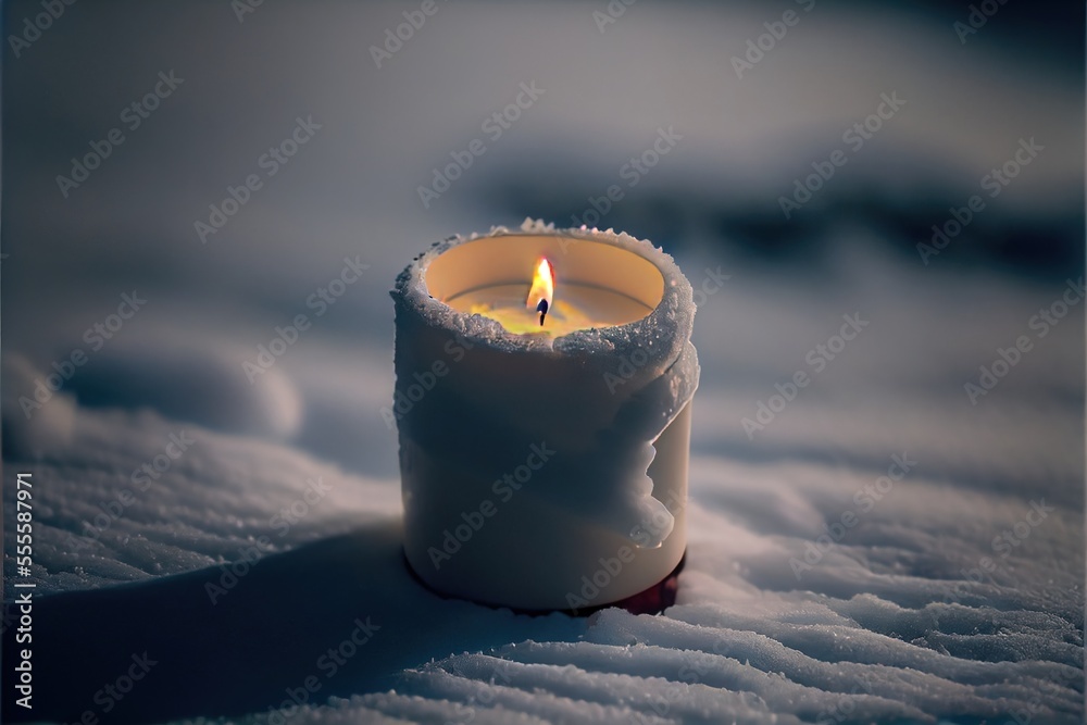 Wall mural a candle is lit in the snow on a snowy day with a dark background and a small amount of snow on the 